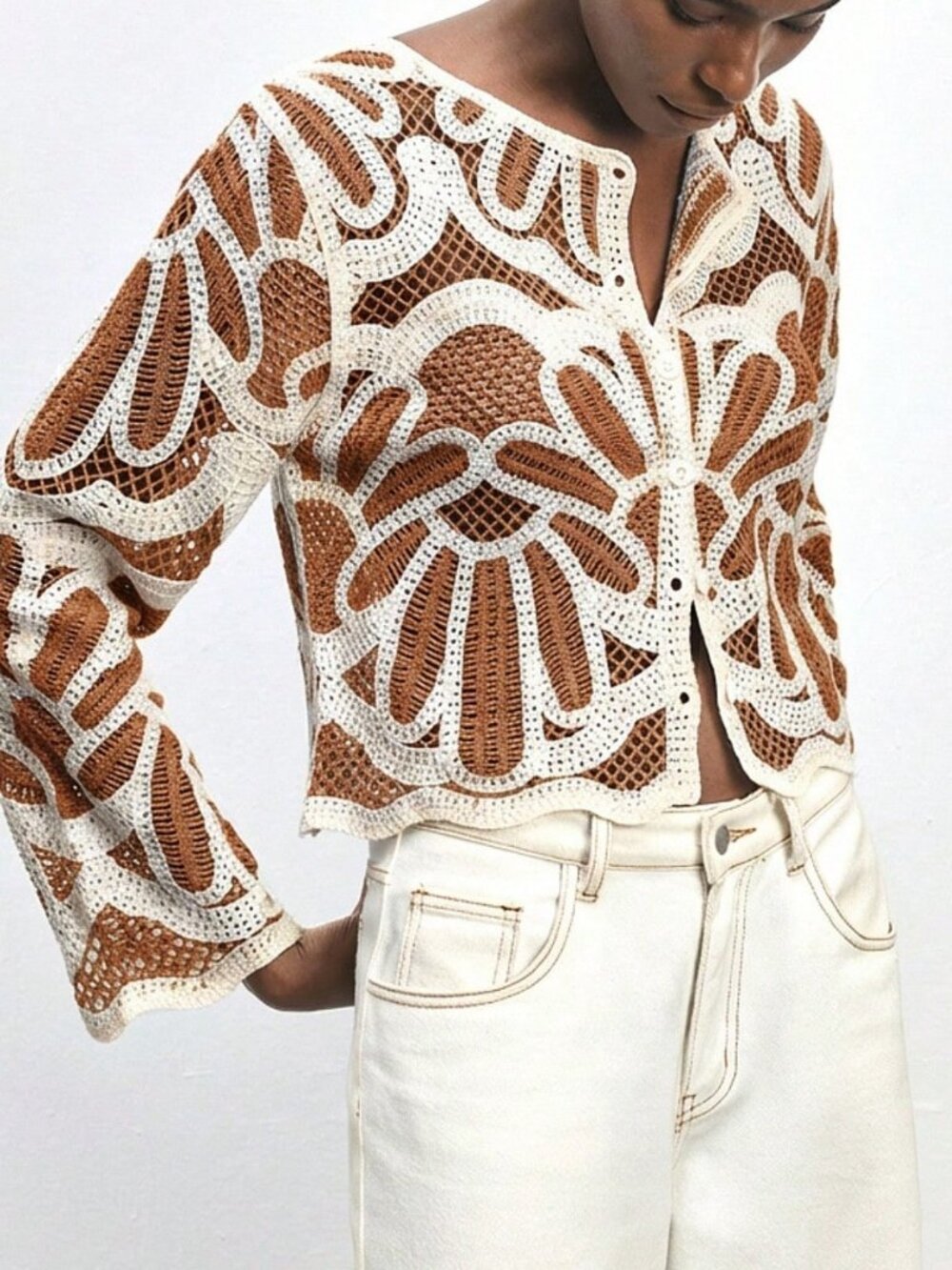 Brown Casual Women's Beach Vacation Allover Print Single-Breasted Cardigan - Picture 7 of 7